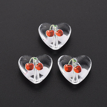Transparent Printed Acrylic Beads, Heart with Cherry, Red, 13.5x15x6.5mm, Hole: 1.8mm