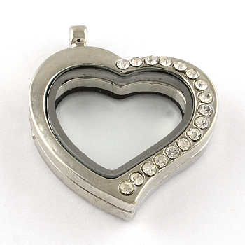 Heart Alloy Rhinestone Magnetic Floating Locket Pendants, Cadmium Free & Lead Free, with Glass Cabochons, Platinum, 34x29x7mm, Hole: 3mm