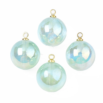 ABS Plastic Imitation Pearl Pendants, with Brass Findings, AB Color Plated, Round, Turquoise, 15x12mm, Hole: 1.5mm