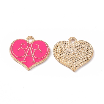 Alloy Enamel Pendants, Heart with Letter A Charm, Golden, Deep Pink, 17x18x1mm, Hole: 1.8mm