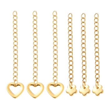 6Pcs 2 Style 304 Stainless Steel Curb Chain Extender, with Charms, Flower & Hollow Heart, Golden, 56~62mm, Link: 3.7~4x3x0.5mm, 3pcs/style