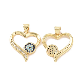 Brass Micro Pave Cubic Zirconia Pendants, Hollow Heart with Evil Eye Charm, Golden, 45x19.5x2mm, Hole: 5x3mm