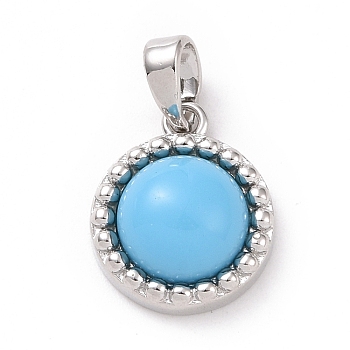 Synthetic Turquoise Charms, with Rack Plating Brass Findings, Cadmium Free & Lead Free, Long-Lasting Plated, Flat Round, Platinum, 14x11.5x5mm, Hole: 5x3mm
