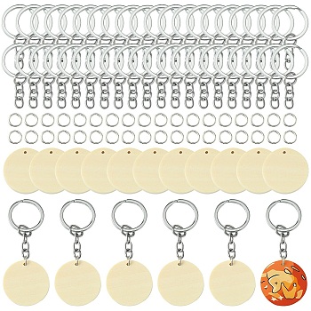 DIY Blank Flat Round Wooden Keychain Making Kits, Platinum, 35~35.5x4mm, Hole: 2mm