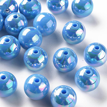 Opaque Acrylic Beads, AB Color Plated, Round, Deep Sky Blue, 16x15mm, Hole: 2.8mm, about 220pcs/500g