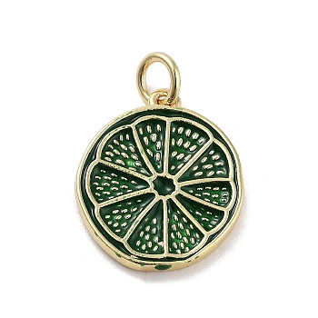 Rack Plating Brass Enamel Pendants, with Jump Ring, Long-Lasting Plated, Cadmium Free & Lead Free, Lemon Slices Charm, Real 18K Gold Plated, Dark Green, 17x14.5x2mm, Hole: 3mm