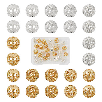 Pandahall 30Pcs 6 Style Brass Beads, Hollow, Round, Golden & Silver, 7.5~8.5x7.5mm, Hole: 1.2~1.6mm, 5pcs/style