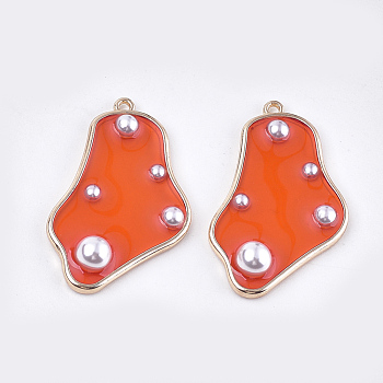 Alloy Pendants, with ABS Plastic Imitation Pearl and Epoxy Resin, Light Gold, Orange Red, 37x24x6mm, Hole: 1.6mm