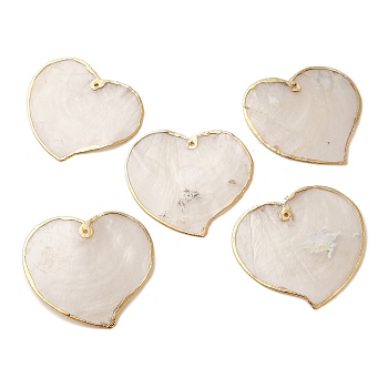 Natural Capiz Shell Big Pendants, Heart Charms with Golden Tone Brass Edge, Valentine's Day, White, 55~55.5x58.5~60x1mm, Hole: 1.6mm