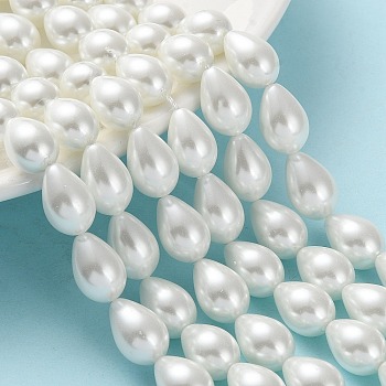 Glass Pearl teardrop, Beads Strands, Grade A, White, 13x9mm, Hole: 1mm, about 30pcs/strand, 15.7 inch