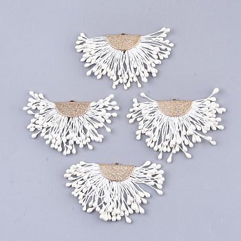 Polycotton(Polyester Cotton) Tassel Pendant Decorations, with Foam and Brass Findings, Fan, Golden, Creamy White, 40~45x64~68x3mm, Hole: 1.2x2mm