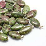 Horse Eye Dyed Natural Ruby in Zoisite Pendants, with Platinum Tone Brass Findings, 27~30x12~15x5~6mm, Hole: 2x7mm(G-Q363-03)