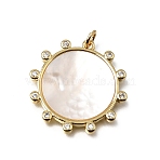 Brass Micro Pave Clear Cubic Zirconia Pendants, with Shell, Flat Round Charms, Cadmium Free & Lead Free, Rack Plating, Long-Lasting Plated, Real 18K Gold Plated, 25.5x24.5x2.5mm, Hole: 3mm(KK-C262-13B-G)