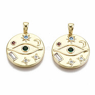 Brass Micro Pave Colorful Cubic Zirconia Pendants, Nickel Free, Flat Round with Eye & Moon & Star & Sun, Real 18K Gold Plated, 22x17x2mm, Hole: 2x3mm(KK-S356-222G-NF)