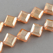 Transparent Electroplate Faceted Glass Beads Strands, Square, PeachPuff, 17x17x7.5mm, Hole: 2mm, about 40pcs/strand, 25.1 inch(EGLA-S088-04)