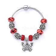 Brass European Style Bracelets, with Acrylic and Polymer Clay Rhinestone European Beads, Alloy Rose Beads and Butterfly Pendants , Red, 7-1/4 inch(18.5cm)(BJEW-JB05136-01)