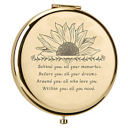 1Pc Stainless Steel Customization Mirror, Flat Round with Flower & Word, with 1Pc Rectangle Velvet Pouch, Golden, Mirror: 7x6.5cm(DIY-CN0002-16D)