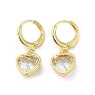 Real 18K Gold Plated Brass Dangle Leverback Earrings, with Heart Glass, Clear, 25.5x10mm(EJEW-L268-006G-05)