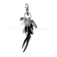 Alloy & Glass Pendant Keychain, with Iron Key Ring, Feather Tassel, Woven Net/Web with Feather & Bullet & Hamsa Hand, Black, 10cm(FEAT-PW0001-096D)