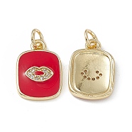 Brass Micro Pave Cubic Zirconia Charms, Enamel Style, Real 18K Gold Plated, Rectangle with Lip Charm, with Jump Ring, Red, 16x11x2mm, Hole: 3.3mm(KK-E068-VB436-2)