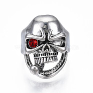 Gothic Punk Skull with Cigarette Alloy Open Cuff Ring with Rhinestone for Men Women, Cadmium Free & Lead Free, Antique Silver, Siam, US Size 9 1/2(19.3mm)(RJEW-T009-51AS)