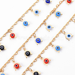 Handmade Brass Chains, with Enamel Acrylic Beads, Soldered, Spool, Evil Eye, Real 18K Gold Plated, Colorful, 3x2x0.5mm and 3.5x1x0.5mm, about 16.4 Feet(5m)/roll(CHC-S012-032)