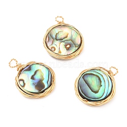 Natural Abalone Shell/Paua Shell Pendants, with Eco-Friendly Copper Wire Wrapped, Flat Round, Real 18K Gold Plated, 18~19x14~15x3mm, Hole: 2mm(X-PALLOY-JF00475-02)