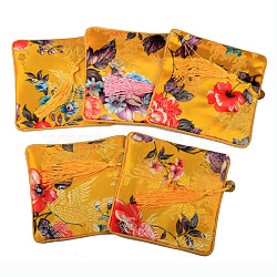 Retro Square Cloth Zipper Pouches, with Tassel and  Flower Pattern, Goldenrod, 12.2x12.2cm(CON-PW0001-095E)