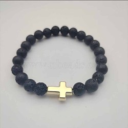 Round Natural Lava Rock Beaded Stretch Bracelets, Golden Tone Cross Bracelets for Women Men(UB6566-1)