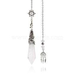 Natural Quartz Crystal Cone Dowsing Pendulum Big Pendants, with Meatl Woven Net/Web with Feather, Pendant: 68x16mm(PW-WG69083-03)