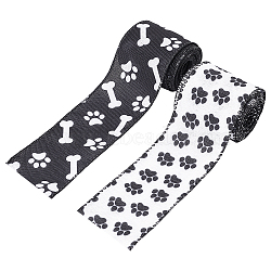 Elite 2Roll 2 Style Polyester Ribbon, Paw Print and Bone & Paw Print Pattern,  Black & White, Mixed Color, 2-1/2 inch(62mm), 5.4yards/roll(5m/roll), 1roll/style(OCOR-PH0001-32)