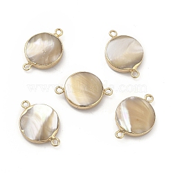 Natural Trochid Shell Connector Charms, with Brass Double Loops, Flat Round Links, Light Gold, 22~23x15.5x4~5mm, Hole: 1.6mm(PEAR-P004-54KCG)