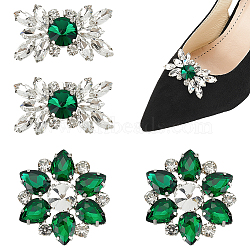 WADORN 4Pcs 2 Styles Flower Brass Rhinestone Shoe Decorations, Detachable Shoe Buckle Clips, Emerald, 31~52x50~54x12~13mm, 2pcs/style(AJEW-WR0002-42A)