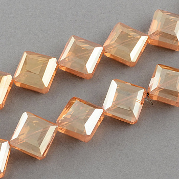 Transparent Electroplate Faceted Glass Beads Strands, Square, PeachPuff, 17x17x7.5mm, Hole: 2mm, about 40pcs/strand, 25.1 inch