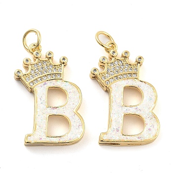 Brass Micro Pave Clear Cubic Zirconia Pendants, with Synthetic Opal, Real 18K Gold Plated, with Jump Ring, Letter B, 26.5~33x14~23.5x3.5~4.5mm, Hole: 4.5mm