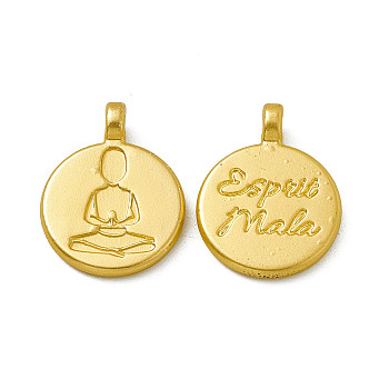 Rack Plating Alloy Pendants, , Cadmium Free & Nickel Free & Lead Free, Flat Round with Yoga and Word Pattern, Matte Gold Color, 19x14.5x2mm, Hole: 1.8mm