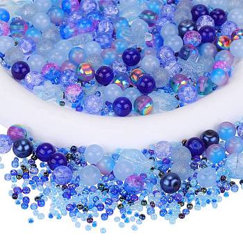 Glass Beads, Round & Starfish & Fish & Rondelle, Mixed Style, Royal Blue, 2.5~14x2.5~13.5x2~8.5mm, Hole: 1~1.4mm, about 200~300pcs/bag, 2bags/box