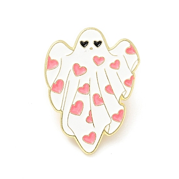 Ghost with Heart Enamel Pin, Halloween Alloy Badge for Backpack Clothes, Light Gold, Pink, 30x23x1.5mm