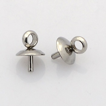 201 Stainless Steel Cup Pearl Peg Bails Pin Pendants, For Half Drilled Beads, Stainless Steel Color, 6x5mm, Hole: 2.5mm, Pin: 1.1mm