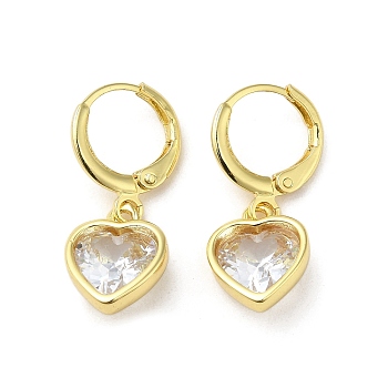 Real 18K Gold Plated Brass Dangle Leverback Earrings, with Heart Glass, Clear, 25.5x10mm