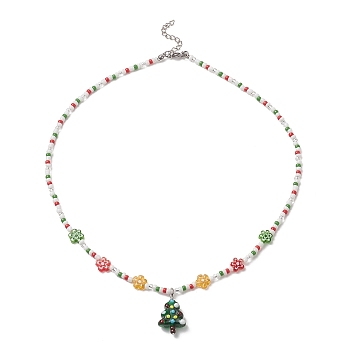 Christmas Tree Lampwork Pendant Necklace with Glass Seed Flower Chains for Women, Colorful, 17.72 inch(45cm)