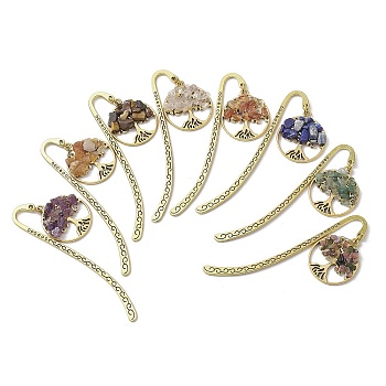 8Pcs 8 Style Tibetan Style Alloy Hook Bookmarks, Tree of Life Natural Gemstone Chip Pendant Bookmark, 83x10x1mm, 1pc/style