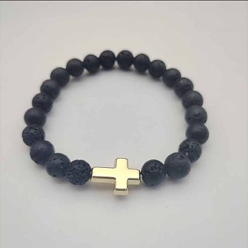 Round Natural Lava Rock Beaded Stretch Bracelets, Golden Tone Cross Bracelets for Women Men