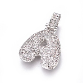 Platinum Plated Brass Micro Pave Cubic Zirconia Pendants, Letter, Letter.A, 29.5mm, Hole: 3.5x5mm, letter: 23x20x5mm