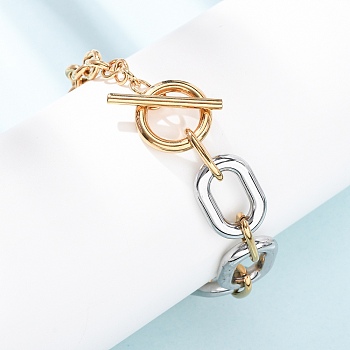 201 Stainless Steel Chain Bracelets, Cable Chains for Women, with Toggle Clasps, Two Tone, Golden & Stainless Steel Color, 7.99 inch(20.3cm)