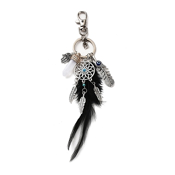 Alloy & Glass Pendant Keychain, with Iron Key Ring, Feather Tassel, Woven Net/Web with Feather & Bullet & Hamsa Hand, Black, 10cm