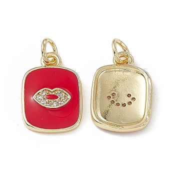 Brass Micro Pave Cubic Zirconia Charms, Enamel Style, Real 18K Gold Plated, Rectangle with Lip Charm, with Jump Ring, Red, 16x11x2mm, Hole: 3.3mm