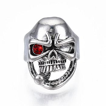 Gothic Punk Skull with Cigarette Alloy Open Cuff Ring with Rhinestone for Men Women, Cadmium Free & Lead Free, Antique Silver, Siam, US Size 9 1/2(19.3mm)