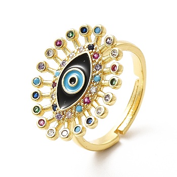Colorful Cubic Zirconia Evil Eye with Enamel Adjustable Ring, Brass Jewelry for Women, Real 18K Gold Plated, US Size 7 3/4(17.9mm)