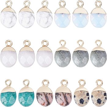 Electroplate Gemstone Charms, with Iron Findings, Faceted, Oval, Golden, 14~15x8x5~5.5mm, Hole: 1.8mm, 7materials, 3pcs/material, 21pcs/box